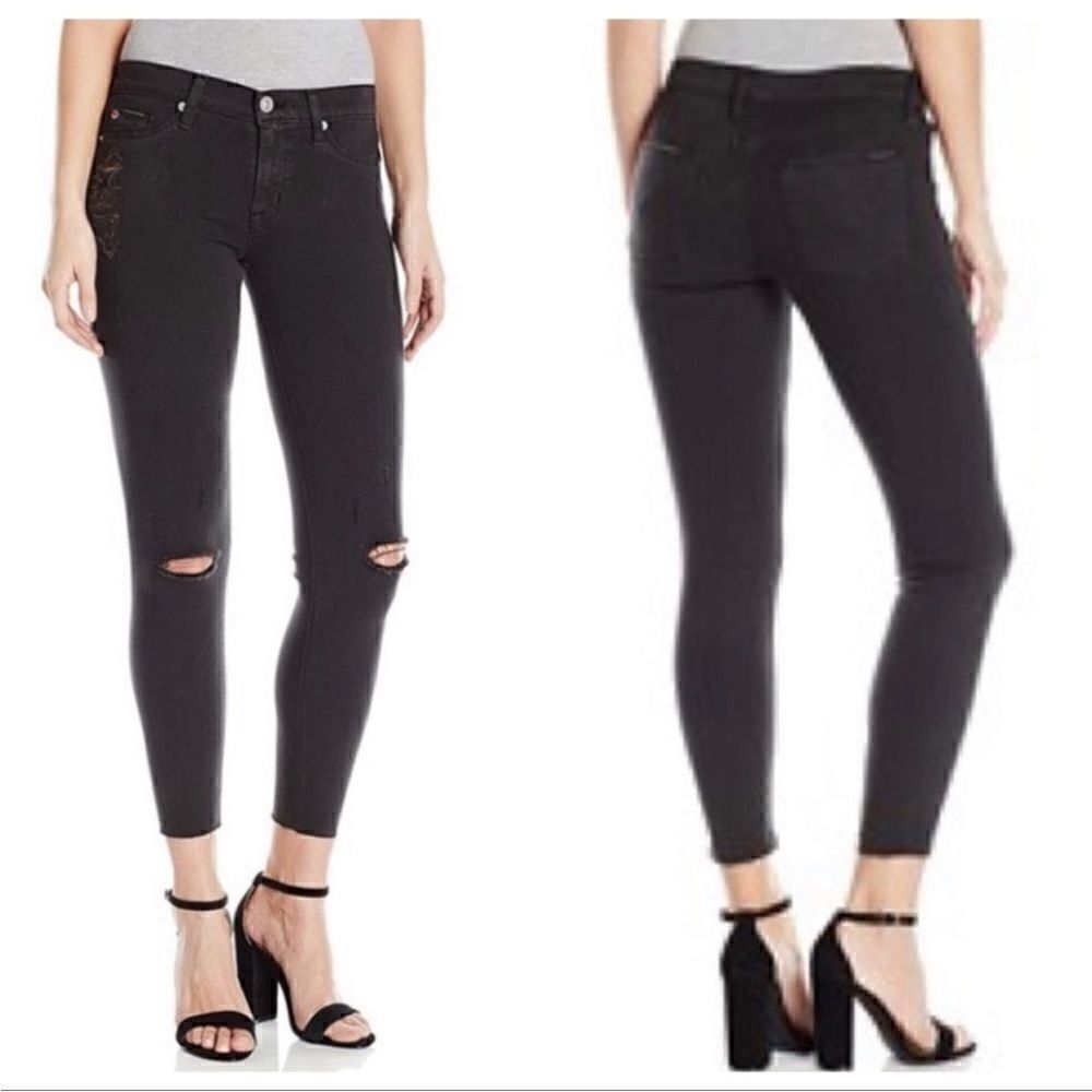 Hudson Black High Rise Stretch Raw Hem Edge Skinny Jeans Size 25
